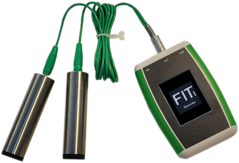 A green FIT one showing the Splash screen with a pair of handles that are plugged into the machine and handles